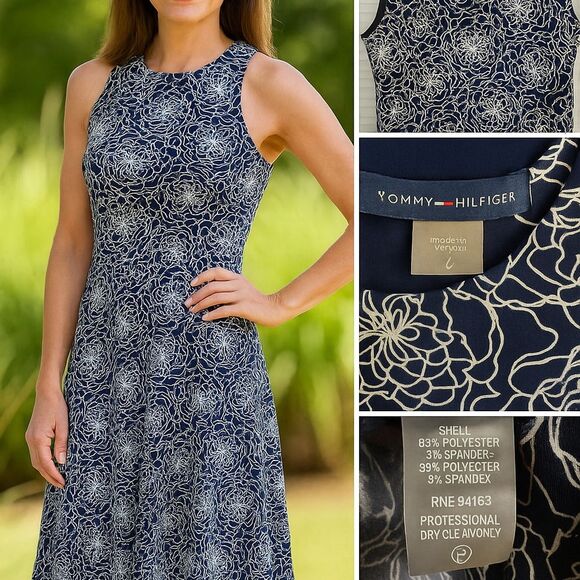 Tommy Hilfiger Floral Fit & Flare Dress | Navy & White Back Zipper Size 6 - Picture 1 of 15